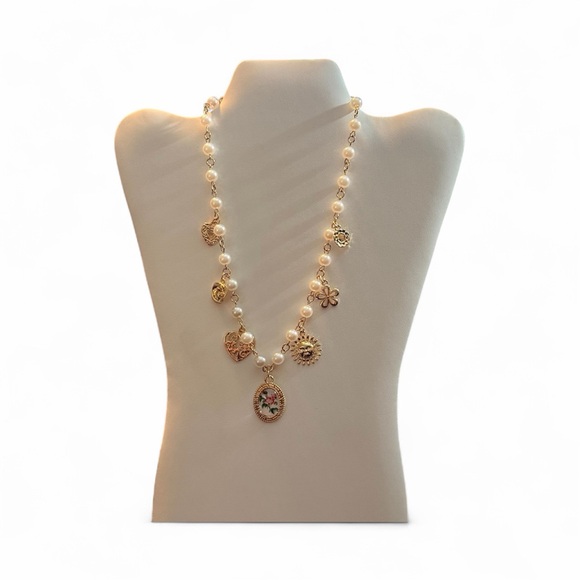 Elegant Gold-Tone and Faux Pearl Charm Necklace - Picture 2 of 7